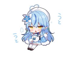 Rule 34 | 1girl, ahoge, bad id, bad pixiv id, blue coat, blue dress, blue hair, braid, brown footwear, chibi, coat, dress, flower, hair flower, hair ornament, hat, hololive, long hair, multicolored hair, noi mine, open clothes, open coat, open mouth, pointy ears, shoes, simple background, sitting, solo, streaked hair, thighhighs, virtual youtuber, white background, white hat, white thighhighs, yellow eyes, yukihana lamy