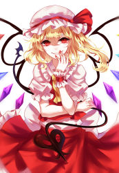 Rule 34 | 1girl, absurdres, bad id, bad pixiv id, blonde hair, collared shirt, flandre scarlet, frilled shirt, frilled skirt, frilled sleeves, frills, grin, hat, hat ribbon, head tilt, highres, laevatein, looking at viewer, mob cap, nail polish, red eyes, red nails, red skirt, red vest, ribbon, sheya, shirt, short hair, side ponytail, simple background, skirt, skirt set, smile, smirk, solo, touhou, vest, white background, white shirt, wings