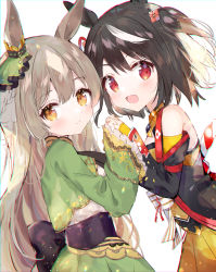 Rule 34 | 2girls, :d, animal ears, bare shoulders, black hair, black jacket, black sleeves, blush, bow, brown eyes, brown hair, closed mouth, commentary request, detached sleeves, dress, green jacket, green skirt, hair between eyes, hand up, holding hands, horse ears, jacket, kitasan black (umamusume), long sleeves, looking at viewer, looking to the side, multiple girls, open mouth, pleated dress, red eyes, satono diamond (umamusume), shirt, simple background, skirt, sleeveless, sleeveless jacket, sleeves past wrists, smile, striped, striped bow, toufu mentaru zabuton, umamusume, white background, white shirt, wide sleeves, yellow dress