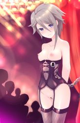 Rule 34 | 1girl, ange (princess principal), auction, bar censor, bare shoulders, bdsm, blue eyes, blush, bondage, bound, breasts, censored, chain, closed mouth, collarbone, commentary request, corset, for sale, garter straps, grey hair, hair between eyes, navel, nipples, no bra, no panties, princess principal, pussy, short hair, silhouette, slave, small breasts, solo focus, standing, tears, thighhighs, vesperia