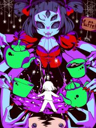 Rule 34 | 1girl, breasts, cleavage, extra arms, extra eyes, fangs, arthropod girl, muffet, spider girl, tea, undertale, wink