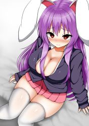 Rule 34 | 1girl, animal ears, blazer, blonde hair, breasts, cleavage, collarbone, heart, heart-shaped pupils, highres, isshin (sasayamakids), jacket, large breasts, light purple hair, long hair, long sleeves, looking at viewer, looking up, miniskirt, pink skirt, pleated skirt, purple hair, rabbit ears, red eyes, red neckwear, reisen udongein inaba, shirt, sitting, skirt, smile, solo, symbol-shaped pupils, thighhighs, touhou, very long hair, white thighhighs