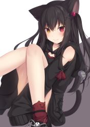 Rule 34 | 1girl, amashiro natsuki, animal ears, black bow, black footwear, black hair, black hoodie, blush, bow, cat ears, cat tail, closed mouth, clothing cutout, commentary request, fang, fang out, flat chest, hair between eyes, hair ornament, heart cutout, heterochromia, highres, hood, hood down, hoodie, knees up, long hair, long sleeves, looking at viewer, original, oversized clothes, paw print, red eyes, red socks, shoes, shoulder cutout, sitting, sleeves past wrists, smile, socks, solo, tail, two side up, x hair ornament, yellow eyes