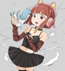 Rule 34 | 2girls, animal ear headphones, animal ears, armband, armpit crease, bare back, bare shoulders, black arm warmers, black shirt, black skirt, black thighhighs, blue armband, blue hair, blue tail, blunt bangs, blunt ends, cat ear headphones, cat ear smartphone case, cat ears, cat girl, cat tail, cellphone, choker, colored inner animal ears, commentary, cowboy shot, cross, cross-laced clothes, cross-laced top, cross necklace, detached sleeves, dot nose, eye contact, fake animal ears, fingerless gloves, flat chest, floating hair, frilled skirt, frills, gloves, grey background, headphones, heart, heart choker, highres, holding, holding phone, jewelry, leaning back, light blue hair, light blush, long hair, long sleeves, looking at another, loose hair strand, medium hair, midriff, mini person, minigirl, miniskirt, multiple girls, nagomurasan, nail polish, navel, necklace, open mouth, original, phone, pink headphones, pleated skirt, red arm warmers, red eyes, red hair, red nails, shirt, sidelocks, signature, skirt, sleeveless, smartphone, smartphone case, smoke, spaghetti strap, standing, striped arm warmers, sweat, symbol-only commentary, tail, thighhighs, through medium, through screen, v-shaped eyebrows, white sleeves, white swimsuit, zettai ryouiki