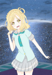 Rule 34 | 1girl, artist name, artist request, bare legs, blonde hair, blue sky, blush, braid, breasts, brown eyes, buttons, cloud, collarbone, crown braid, female focus, green eyes, green neckerchief, green sweater, green sweater vest, grey sailor collar, grey skirt, hair rings, highres, looking at viewer, love live!, love live! sunshine!!, miniskirt, neckerchief, night, night sky, ohara mari, outdoors, parted lips, plaid, plaid skirt, playing with own hair, pleated, pleated skirt, sailor collar, school uniform, shirt, short hair, short sleeves, skirt, sky, small breasts, smile, solo, star (sky), starry sky, sweater, sweater vest, tie clip, uranohoshi school uniform, white shirt, worried, yellow buttons, yellow eyes