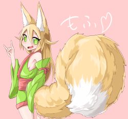 Rule 34 | 1girl, :d, absurdres, akatsuki urara, animal ear fluff, animal ears, bare shoulders, blonde hair, blush, detached sleeves, fox ears, fox shadow puppet, fox tail, fukutchi, green eyes, hair between eyes, highres, japanese clothes, kimono, large tail, long hair, looking at viewer, looking back, open mouth, original, simple background, smile, solo, tail, thick eyebrows