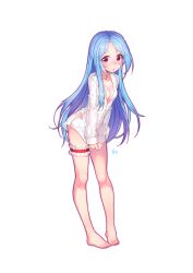 Rule 34 | 1girl, bad id, bad pixiv id, blouse, blue hair, blush, breasts, cleavage, collarbone, dress shirt, floating hair, full body, highres, leaning forward, leg strap, long hair, looking at viewer, milcona, naked shirt, open clothes, open mouth, open shirt, original, red eyes, shirt, shirt tug, simple background, small breasts, solo, standing, thigh strap, very long hair, white background, white shirt