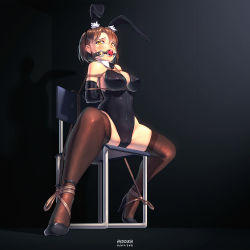 Rule 34 | 1girl, animal ears, arms behind back, artist name, ball gag, bdsm, black background, black bow, black bowtie, black footwear, black gloves, black hairband, black thighhighs, blush, bondage, bound, bound ankles, bound arms, bow, bowtie, breasts, brown hair, cameltoe, chair, covered navel, detached collar, drooling, elbow gloves, embarrassed, fake animal ears, female focus, gag, gagged, gloves, groin, hairband, hidden (pixiv 46421548), high heels, highres, indoors, leotard, looking at viewer, medium breasts, original, pixiv username, playboy bunny, rabbit ears, rope, saliva, shibari, shibari over clothes, shiny clothes, shoes, short hair, signature, sitting, skindentation, solo, spread legs, sweat, tears, thighhighs, watermark, yellow eyes