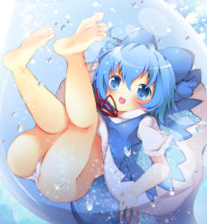 Rule 34 | 1girl, bare shoulders, barefoot, blonde hair, blue dress, blue hair, blue skirt, blush, bottle, bubble, cirno, clothes lift, dress, dress lift, encasement, feet, fuuna thise, hair ribbon, in bottle, in container, legs up, looking at viewer, open mouth, panties, puffy sleeves, ribbon, shirt, short sleeves, skirt, smile, soles, solo, toes, touhou, underwear, white panties