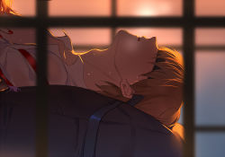 Rule 34 | 1boy, 1girl, adam&#039;s apple, backlighting, blindfold, brown hair, collared shirt, covered eyes, from outside, from side, gintama, hair ornament, hetero, kagura (gintama), lying, maosen, nail polish, okita sougo, on back, orange hair, out of frame, parted lips, pillow, profile, red nails, red ribbon, restrained, ribbon, shirt, short hair, solo focus, sweat, tassel, unworn hair ornament, white shirt