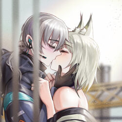 Rule 34 | 1boy, 1girl, animal ear fluff, animal ears, arknights, bare shoulders, black coat, black gloves, blush, cat ears, closed eyes, coat, day, doctor (arknights), french kiss, from side, gloves, grey hair, hairtail, hand on another&#039;s cheek, hand on another&#039;s face, headset, hetero, highres, hood, hood down, hooded coat, kal&#039;tsit (arknights), kiss, long hair, long sleeves, male doctor (arknights), outdoors, ponytail, short hair, upper body
