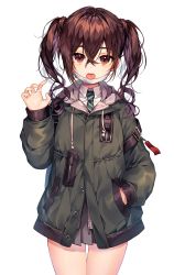 Rule 34 | 1girl, absurdres, bad id, bad twitter id, brown eyes, brown hair, ha youn, hair between eyes, hand in pocket, highres, idolmaster, idolmaster cinderella girls, jacket, long hair, long sleeves, looking at viewer, mask, mask pull, miniskirt, mole, mole under eye, mouth mask, necktie, open mouth, sharp teeth, simple background, skirt, sunazuka akira, surgical mask, teeth, twintails, waving, white background