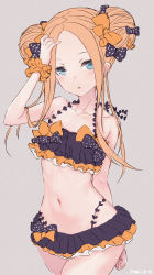 Rule 34 | 1girl, abigail williams (emerald float) (fate), abigail williams (fate), absurdres, bare shoulders, bikini, black bikini, black bow, black skirt, blonde hair, blue eyes, blush, bow, breasts, collarbone, double bun, emerald float, fate/grand order, fate (series), forehead, frilled bikini, frills, grey background, hair bow, hair bun, highres, kuronuko neero, long hair, looking at viewer, microskirt, multiple hair bows, navel, official alternate costume, open mouth, orange bow, parted bangs, polka dot, polka dot bow, sidelocks, simple background, skirt, small breasts, solo, swimsuit, thighs