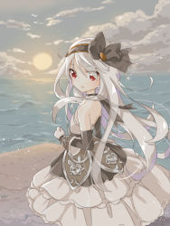 Rule 34 | 1girl, arm warmers, bare shoulders, beach, black bow, black hairband, black ribbon, bow, brown dress, cloud, cloudy sky, dress, eyes visible through hair, hair bow, hairband, highres, horizon, layered dress, long hair, looking at viewer, looking to the side, ocean, original, outdoors, parted lips, red eyes, ribbon, silver hair, sky, solo, strapless, strapless dress, sun, sunset, uchuuneko, very long hair, wrist cuffs