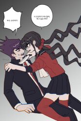Rule 34 | 1boy, 1girl, absurdres, black jacket, black pants, black sailor collar, black skirt, bow, bowtie, danganronpa (series), danganronpa v3: killing harmony, facial hair, feet out of frame, from side, goatee, gradient background, grey background, hair ornament, hair scrunchie, harukawa maki, highres, holding, holding knife, hyeon-i, jacket, knife, low twintails, mole, mole under eye, momota kaito, necktie, open clothes, open jacket, pants, pleated skirt, purple hair, red eyes, red scrunchie, red shirt, red thighhighs, sailor collar, scrunchie, shirt, skirt, speech bubble, spiked hair, thighhighs, translation request, twintails, white bow, white bowtie, zettai ryouiki