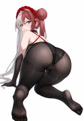Rule 34 | 1girl, ass, ass focus, azur lane, bare shoulders, bilei, black gloves, black panties, black pantyhose, blush, chao ho (azur lane), chao ho (frolicking flowers verse ii) (azur lane), commentary, double bun, elbow gloves, feet, gloves, hair bun, headband, highres, legs, long hair, looking at viewer, looking back, multicolored hair, no shoes, panties, pantyhose, purple hair, red hair, shoulder blades, simple background, soles, solo, toes, twintails, two-tone hair, underwear, white background, white hair