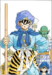 Rule 34 | 4boys, alternate costume, animal print, aqua pants, bad id, bad twitter id, black eyes, blue cape, blue headwear, border, cape, chinese clothes, cleaned, clothes around waist, clothes writing, collarbone, commentary, crossover, crown, diadem, dragon ball, dragonball z, fingernails, frown, grin, hand on own hip, hat, highres, holding, holding weapon, jewelry, journey to the west, kuririn, looking at viewer, male focus, multiple boys, ruyi jingu bang, official art, pants, pectorals, piccolo, pointy ears, robe, serious, shaded face, simple background, smile, son gohan, son goku, standing, tiger print, toriyama akira, upper body, weapon, white background, white border