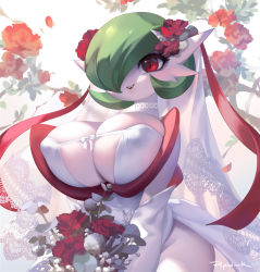 Rule 34 | 1girl, alternate breast size, artist name, blush, bob cut, bouquet, bow, branch, breasts, bridal veil, bride, choker, colored skin, covered erect nipples, covered navel, cowboy shot, creatures (company), dress, elbow gloves, eyelashes, female focus, flower, game freak, gardevoir, gen 3 pokemon, gloves, green hair, groin, hair flower, hair ornament, hair over one eye, hair ribbon, happy, holding, holding bouquet, huge breasts, lace, lace-trimmed veil, lace choker, lace trim, light blush, looking at viewer, mega gardevoir, mega pokemon, nintendo, open mouth, petals, pokemon, pokemon (creature), popodunk, red eyes, red flower, red ribbon, red rose, ribbon, rose, see-through, short hair, signature, skindentation, smile, solo, standing, strapless, strapless dress, teeth, veil, wedding dress, white background, white choker, white dress, white flower, white gloves, white skin, wide hips