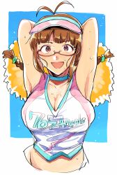 Rule 34 | 1girl, :d, akizuki ritsuko, antenna hair, armpits, arms behind head, arms up, blue background, blue choker, blush, border, braid, breasts, brown eyes, brown hair, cheerleader, choker, cleavage, collarbone, crop top, cropped shirt, cropped torso, glasses, hair tie, hiziki723, holding, holding pom poms, idolmaster, idolmaster (classic), idolmaster million live!, idolmaster million live! theater days, large breasts, looking at viewer, midriff, open mouth, outside border, pink-framed eyewear, pom pom (cheerleading), pom poms, print shirt, shirt, short hair, simple background, sleeveless, sleeveless shirt, smile, solo, sweat, text print, twin braids, twintails, two-tone headwear, upper body, visor cap, white border