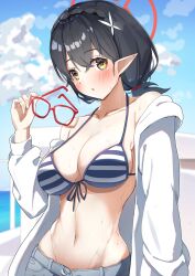 Rule 34 | 1girl, ayane (blue archive), ayane (swimsuit) (blue archive), band (skymole01), bikini, black hair, blue archive, blue sky, blurry, braid, breasts, cleavage, cloud, cloudy sky, commentary request, crown braid, denim, depth of field, glasses, hair between eyes, hair ornament, halo, hood, hooded jacket, jacket, long sleeves, looking at viewer, medium breasts, medium hair, navel, official alternate costume, open clothes, open jacket, outdoors, parted lips, pointy ears, removing eyewear, sidelocks, single braid, sky, sleeveless, solo, spaghetti strap, stomach, striped bikini, striped clothes, sweat, swimsuit, unworn eyewear, yellow eyes