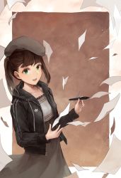Rule 34 | 1girl, :d, adidas, black jacket, brown background, brown hair, crystalherb, green eyes, grey hat, grey skirt, hat, highres, holding, holding stylus, jacket, long hair, looking at viewer, open mouth, original, paper, skirt, smile, solo, standing, stylus