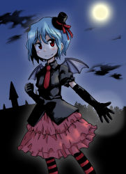 Rule 34 | 1girl, bat wings, elbow gloves, fang, female focus, gloves, hat, highres, magokorokurage, moon, night, remilia scarlet, socks, solo, striped clothes, striped socks, top hat, touhou, wings