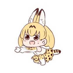 Rule 34 | 10s, 1girl, :d, animal ears, batta (ijigen debris), blonde hair, blush stickers, chibi, commentary request, elbow gloves, gloves, grey eyes, highres, kemono friends, motion lines, on one knee, open mouth, round teeth, serval (kemono friends), serval print, serval tail, simple background, skirt, smile, solo, sweatdrop, tail, teeth, white background, yellow skirt