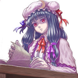 Rule 34 | 1girl, book, bun cover, crescent, diolemonde, female focus, hair ribbon, hat, highres, long sleeves, mob cap, open book, patchouli knowledge, reading, red eyes, ribbon, shaded face, sidelocks, simple background, solo, table, touhou, upper body, white background