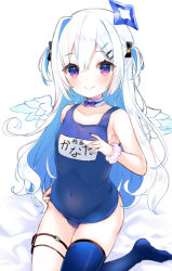 Rule 34 | 1girl, amane kanata, amane kanata (work), bare shoulders, bed sheet, blue hair, blue one-piece swimsuit, blue thighhighs, blush, closed mouth, collarbone, commentary request, covered navel, feathered wings, hair between eyes, hololive, long hair, mini wings, multicolored hair, name tag, no shoes, old school swimsuit, one-piece swimsuit, purple eyes, school swimsuit, scrunchie, single thighhigh, smile, solo, swimsuit, thighhighs, two-tone hair, two side up, very long hair, virtual youtuber, white background, white hair, white scrunchie, white wings, wings, wrist scrunchie, yazawa oke