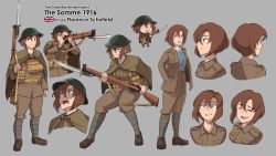 Rule 34 | 1girl, absurdres, ammunition pouch, bayonet, blue eyes, bolt action, brodie helmet, brown hair, character name, character profile, character sheet, chibi, collared jacket, combat helmet, concept art, expressions, from behind, full body, gun, gun sling, helmet, high-waist pants, highres, jacket, lee-enfield, long sleeves, military, military jacket, military uniform, multiple views, nico jiang, original, pants, pants tucked in, pouch, profile, rifle, shoes, short hair, simple background, smile, soldier, standing, uniform, united kingdom, variations, weapon, world war i