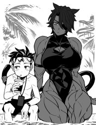 Rule 34 | 1boy, 1girl, absurdres, animal ears, armband, breasts, cat ears, cat girl, cat tail, cup, dark-skinned female, dark skin, desperado (yotaro), disposable cup, drinking, drinking straw, eyepatch, greyscale, highres, holding, holding cup, large breasts, looking at another, mao (yotaro), monochrome, muscular, muscular female, one-piece swimsuit, seishiro (yotaro), short hair, shorts, sitting, slit pupils, swimsuit, tail, tail ornament, tail ring, thick thighs, thighs, water, yotaro