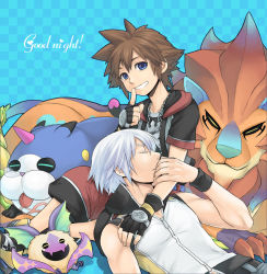 Rule 34 | 2boys, bad id, bad pixiv id, blue background, blue eyes, brown hair, checkered background, closed eyes, commentary request, dream eater (kingdom hearts), english text, eyelashes, fangs, finger to mouth, fingerless gloves, gloves, jewelry, kingdom hearts, kingdom hearts 3d dream drop distance, lap pillow, looking at viewer, male focus, multiple boys, necklace, ng (samwise), ng sam, nose bubble, parted lips, popped collar, riku (kingdom hearts), sitting, sleeping, smile, sora (kingdom hearts), spiked hair, white hair, wondernyan, wristband, yaoi