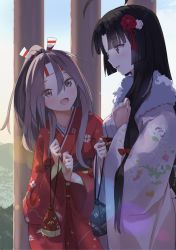 Rule 34 | 2girls, ahoge, alternate costume, black hair, blunt bangs, brown eyes, commentary request, floral print, flower, furisode, hachimaki, hair flower, hair ornament, headband, high ponytail, highres, japanese clothes, kantai collection, kimono, light brown hair, long hair, low-tied long hair, multiple girls, natsuki (gedo), red kimono, shouhou (kancolle), smile, striped headband, white kimono, zuihou (kancolle)