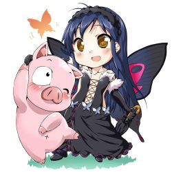 Rule 34 | 10s, 1boy, 1girl, :d, accel world, antenna hair, arita haruyuki, black dress, black gloves, black hair, blush, bug, butterfly, butterfly wings, chibi, dress, ekakibito, elbow gloves, gloves, hairband, happy, insect, insect wings, kuroyukihime, long hair, one eye closed, open mouth, pig, shoes, smile, umbrella, wings, wink, yellow eyes