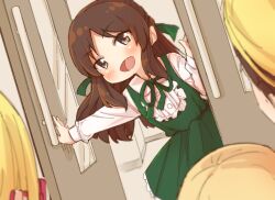 Rule 34 | :d, blush, brown eyes, brown hair, character request, collared shirt, commentary request, dress, green dress, green ribbon, idolmaster, idolmaster cinderella girls, idolmaster cinderella girls starlight stage, indoors, long hair, long sleeves, neck ribbon, open door, open mouth, outstretched arm, puffy long sleeves, puffy sleeves, ribbon, shirt, sleeveless, sleeveless dress, smile, solo focus, tachibana arisu, very long hair, white shirt, yukie (kusaka shi)