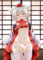 Rule 34 | 1girl, animal ears, bare shoulders, blush, bow, bow panties, breasts, clothes lift, detached sleeves, eyebrows, glowing, glowing eyes, groin, hakama, hakama skirt, hat, head tilt, highres, inubashiri momiji, japanese clothes, kneeling, lifted by self, long sleeves, looking at viewer, minase tamaki, mouth hold, navel, no bra, nose blush, orange eyes, panties, red bow, short hair, side-tie panties, silver hair, skirt, small breasts, smile, solo, stomach, tail, thick eyebrows, thighhighs, tokin hat, touhou, tree shade, underboob, underwear, white panties, white thighhighs, wide sleeves, wolf ears, wolf girl, wolf tail