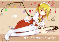 Rule 34 | 1girl, alternate costume, apron, blonde hair, bow, bowtie, character name, enmaided, feet, flan (seeyouflan), flandre scarlet, flower, full body, heart, highres, laevatein, looking at viewer, lying, maid, maid headdress, no shoes, on side, pantyhose, puffy sleeves, red bow, red eyes, red skirt, skirt, smile, solo, suspender skirt, suspenders, touhou, waist apron, white pantyhose, wings, yellow bow, yellow bowtie