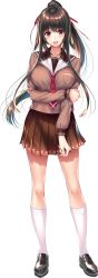 Rule 34 | 1girl, amakano 2, arm grab, azarashi soft, black footwear, blush, breast pocket, brown hair, brown skirt, full body, game cg, high ponytail, highres, kneehighs, kurohime yuuhi, loafers, long hair, looking at viewer, neckerchief, official art, open mouth, piromizu, pleated skirt, pocket, red eyes, school uniform, shoes, skirt, socks, solo, standing, transparent background, white socks