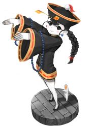 Rule 34 | 1girl, black eyes, black hair, blush, bottomless, braid, chinese clothes, colored skin, earrings, faux figurine, female focus, hair over one eye, hair ribbon, hat, highres, jewelry, jiangshi, long hair, madarame, necklace, ofuda, original, ribbon, simple background, single braid, sleeves past wrists, smile, solo, white background, white skin, wide sleeves