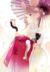 Rule 34 | 1girl, 2020, ama mitsuki, animal ears, black gloves, blush, brown eyes, brown hair, chinese zodiac, closed mouth, commentary request, earrings, flower, gloves, hair bun, hair flower, hair ornament, hakama, hakama short skirt, hakama skirt, japanese clothes, jewelry, kimono, long hair, long sleeves, mouse (animal), mouse ears, mouse girl, mouse tail, nengajou, new year, original, petals, red hakama, single hair bun, skirt, solo, standing, swept bangs, tail, umbrella, wide sleeves, year of the rat