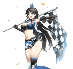 Rule 34 | 1girl, armpits, artist request, bare shoulders, black gloves, black hair, black shirt, blue eyes, blue skirt, boots, breasts, checkered flag, cleavage, closers, criss-cross halter, crop top, cropped vest, elbow gloves, fang, flag, game cg, gloves, hairband, halterneck, hand up, highres, holding, holding flag, large breasts, long hair, looking at viewer, midriff, miniskirt, navel, non-web source, official art, open clothes, open mouth, open vest, outstretched arm, race queen, shirt, side slit, skirt, sleeveless, sleeveless shirt, smile, solo, stomach, thigh boots, thighs, v, very long hair, vest, white vest, yuri seo