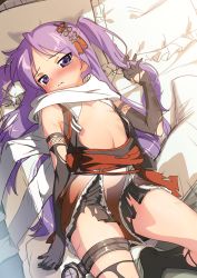 Rule 34 | 1girl, asymmetrical legwear, bed, black gloves, black necktie, blush, breasts, closed mouth, commentary request, cosplay, elbow gloves, fishnets, gloves, hair ornament, highres, hiiragi kagami, hotaru iori, ichimi renge, kantai collection, long hair, lucky star, lying, neckerchief, necktie, on back, on bed, open mouth, purple eyes, purple hair, sailor collar, scarf, school uniform, searchlight, sendai (kancolle), sendai (kancolle) (cosplay), sendai kai ni (kancolle), serafuku, single sock, single thighhigh, skirt, small breasts, socks, solo, tears, thigh strap, thighhighs, torn clothes, torn legwear, two side up, very long hair, white sailor collar, white scarf