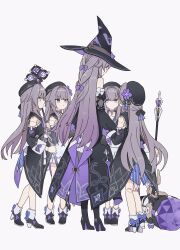 5girls absurdres bare_shoulders black_bow black_footwear black_hat bow commentary_request detached_sleeves doll_joints dress flower full_body gradient_hair grey_hair hair_bow hair_flower hair_intakes hair_ornament hammer hat height_difference herta_(honkai:_star_rail) highres holding holding_hammer holding_staff honkai:_star_rail honkai_(series) joints long_hair looking_down multicolored_hair multiple_girls multiple_hair_bows origami_gyokuo purple_bow purple_eyes purple_flower purple_hair simple_background smile staff the_herta_(honkai:_star_rail) very_long_hair white_background witch_hat