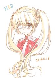 Rule 34 | 1girl, 2021, blonde hair, blue eyes, commentary request, dated, eyelashes, eyepatch, eyes visible through hair, happy birthday, highres, kazamatsuri institute high school uniform, light blush, long hair, looking at viewer, nakatsu shizuru, neck ribbon, one eye covered, parted lips, red ribbon, rewrite, ribbon, school uniform, simple background, solo, twintails, upper body, very long hair, white background, zuzuhashi