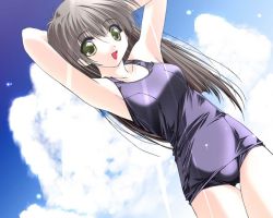 Rule 34 | 1girl, armpits, arms up, brown eyes, brown hair, cloud, day, dutch angle, long hair, one-piece swimsuit, open mouth, school swimsuit, silver hair, sky, smile, solo, standing, swimsuit, thigh gap, thighs
