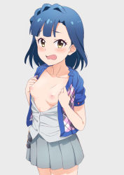 Rule 34 | 1girl, bad id, bad pixiv id, blue hair, blush, breasts, breasts out, collarbone, commentary request, cowboy shot, hayyan, highres, idolmaster, idolmaster million live!, looking at viewer, nanao yuriko, nipples, open clothes, open mouth, open shirt, simple background, skirt, small breasts, solo, yellow eyes