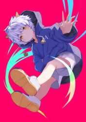 Rule 34 | 1boy, blue hoodie, closed mouth, colored shoe soles, drawstring, floating, from below, full body, hand in pocket, highres, hood, hoodie, horns, indie virtual youtuber, long sleeves, looking at viewer, male focus, miutsutsu yuri, outstretched arm, pink background, shindou kamichi, shoe soles, shoes, short hair, shorts, solo, virtual youtuber, white footwear, white hair, white shorts, yellow eyes