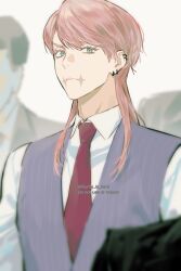 Rule 34 | aqua eyes, closed mouth, collared shirt, expressionless, eyelashes, looking at viewer, male focus, multiple boys, necktie, parted bangs, pink hair, purple vest, red necktie, sanzu haruchiyo, scar, scar on face, shirt, simple background, solo focus, standing, tokyo revengers, upper body, vest, white shirt, wolf cut, yoursunfy