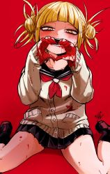 Rule 34 | 10s, 1girl, artist name, black footwear, black sailor collar, black shirt, black socks, blonde hair, blood, blood on clothes, blood on hands, blunt bangs, blush, boku no hero academia, collarbone, dated, double bun, female focus, flat chest, hair bun, half-closed eyes, hands up, happy, heart, heart hands, highres, ikapnmn2, jpeg artifacts, long sleeves, looking at viewer, miniskirt, neckerchief, open mouth, own hands together, pleated skirt, red background, red neckerchief, sailor collar, school uniform, shirt, shoes, short hair, signature, simple background, sitting, skirt, smile, socks, solo, sweater, teeth, toga himiko, wariza, white sweater, yellow eyes