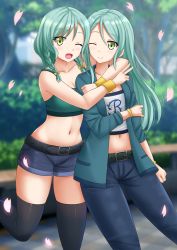 Rule 34 | 2girls, ;), ;d, bang dream!, belt, belt buckle, black belt, black legwear, blue pants, blue shorts, blurry, blurry background, blush, bow, braid, breasts, buckle, cleavage, collarbone, commentary, crop top, day, depth of field, english commentary, fingernails, green eyes, green hair, green jacket, hair bow, highres, hikawa hina, hikawa sayo, hug, jacket, kazenokaze, long hair, midriff, multiple girls, navel, one eye closed, open clothes, open jacket, open mouth, outdoors, pants, petals, shirt, short shorts, shorts, siblings, side braids, sisters, small breasts, smile, standing, standing on one leg, thighhighs, tree, twin braids, v, very long hair, white shirt, wristband, yellow bow